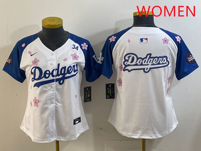 Women Los Angeles Dodgers Blank White Blue Sakura Edition 2025 Nike MLB Jersey style 16->women mlb jersey->Women Jersey
